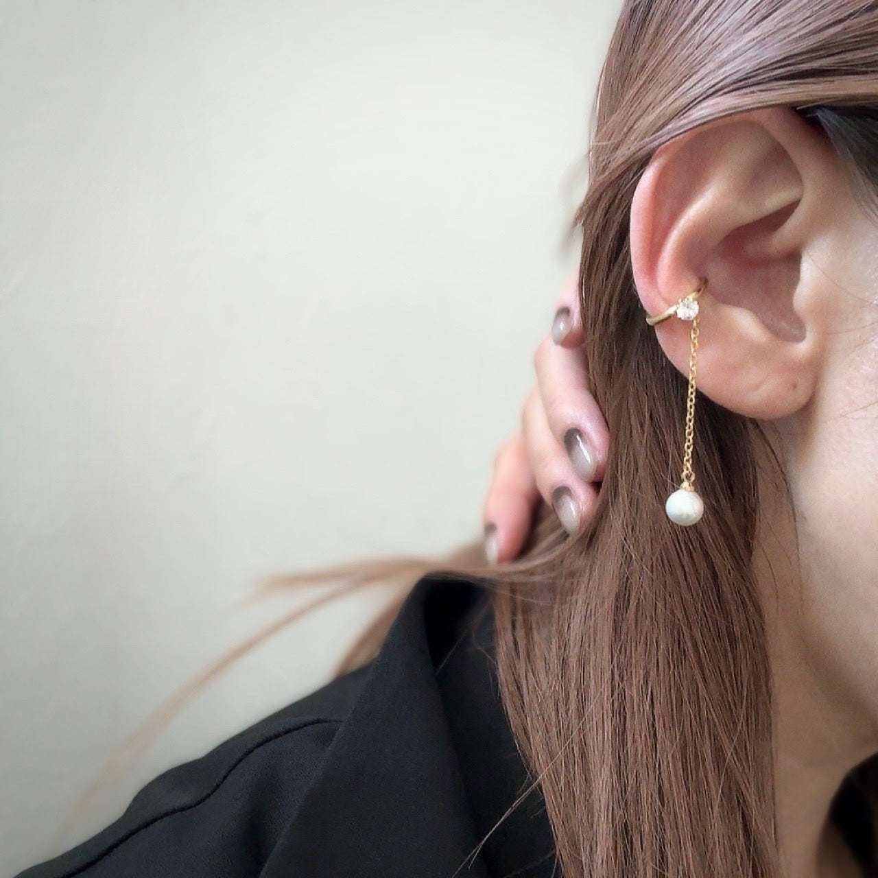 Pearl×zirconia chain ear cuff